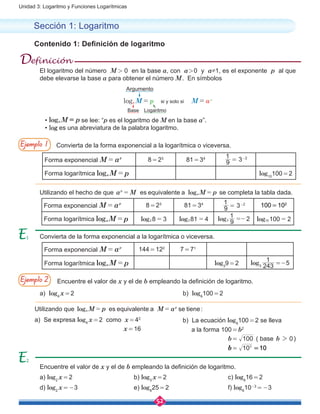 52
Unidad 3: Logaritmo y Funciones Logarítmicas
Utilizando que es equivalente a se tienelog M p M aa
p
= = :
a) Se expresa log4
x = 2 como x = 42
		
x = 16		
El logaritmo del número M > 0 en la base a, con a > 0 y a≠1, es el exponente p al que
debe elevarse la base a para obtener el número M . En símbolos
M p M ap
a
Argumento
si y solo si
Base Logaritmo
log
•	 se lee: “p es el logaritmo de M en la base a”.
•	log es una abreviatura de la palabra logaritmo.
Sección 1: Logaritmo
Contenido 1: Definición de logaritmo
Definición
Convierta de la forma exponencial a la logarítmica o viceversa.
Forma exponencial 8 = 23
81 = 34
9
1
= 3-2
Forma logarítmica log10
100 = 2
Encuentre el valor de x y el de b empleando la definición de logaritmo.
a) log4
x = 2						 b) logb
100 = 2
Utilizando el hecho de que es equivalente a loga M M pp
a= = se completa la tabla dada.
Forma exponencial 8 = 23
81 = 34
9
1
= 3-2 100 = 102
Forma logarítmica log 8 32 = log 81 43 = log 9
1
23 =- log 100 210 =
Ejemplo 1
Ejemplo 2
Convierta de la forma exponencial a la logarítmica o viceversa.
Forma exponencial 144 = 122
7 = 71
Forma logarítmica log3
9 = 2 log3 243
1
=-5
Encuentre el valor de x y el de b empleando la definición de logaritmo.
a) log2
x = 2				b) log3
x = 2				c) logb
16 = 2
d) log2
x = -3			e) logb
25 = 2				f) logb
10-3
 = -3
2
b) La ecuación logb
100 = 2 se lleva
a la forma 100 = b2
                        b =  100 ( base b 02 )
                        b =  102
 = 10
 