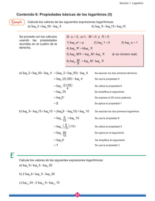 Sección 1: Logaritmo
57
a) log5
2+log5
50-log5
4 = (log5
2+log5
50)-log5
4 	 Se asocian los dos primeros términos
			         = log5
(2) (50)-log5
4	 Se usa la propiedad 5
			         = log5
4
2 50] ]g g 		 Se utiliza la propiedad 6
			         = log5
25			 Se simplifica el argumento
			         = log5
52
			 Se expresa el 25 como potencia
			         = 2				 Se aplica la propiedad 1
b) log6
9-log6
15+log6
10 = (log6
9 -log6
15)+log6
10 Se asocian los dos primeros logaritmos
			         = log6
15
9 +log6
10 		 Se usa la propiedad 6
			         = log6 15
9b l 10] g		 Se utiliza la propiedad 5
			         = log6
15
90 			 Se opera en el argumento
			         
                                     = log6
6 				 Se simplifica el argumento
			         = 1				 Se usa la propiedad 3
Calcule los valores de las siguientes expresiones logarítmicas:
a) log2
8+log2
5-log2
20
b) 2 log3
6+log3
5-log3
20
c) log10
24-2 log10
6+log10
15
Calcule los valores de las siguientes expresiones logarítmicas:
a) log5
2+log5
50-log5
4				b) log6
9-log6
15+log6
10
Contenido 6: Propiedades básicas de los logaritmos (5)
Se procede con los cálculos
usando las propiedades
reunidas en el cuadro de la
derecha.
Si a  >  0, a≠1, M  >  0 y N  >  0
1) loga
ap
 = p		 2) loga
1 = 0		 3) loga
a = 1
4) loga
Nk
 = kloga
N
5) loga
MN  = loga
M+loga
N	 (k es número real)
6) loga
N
M  = loga
M-loga
N
Ejemplo
 