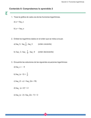 Sección 2: Funciones logarítmicas
67
Contenido 8: Comprobemos lo aprendido 2
1.	 Trace la gráfica de cada una de las funciones logarítmicas.
	a) y = log4
x
	b) y = log4
1 x
2.	 Enliste los logaritmos dados en el orden que se indica a la par.
	a) log2
5, log2 2
1
, log2
3 	 (orden creciente)
	b) log3
1 2, log3
1
9
1
, log3
1 6	 (orden decreciente)
3.	 Encuentre las soluciones de las siguientes ecuaciones logarítmicas:
	a) log2
x = -5
	b) log4
(x-3) = 2
1
	c) log2
(3-x) = log2
(2x+18)
	d) log8
(x+2)2
 = 2
	e) log3
(x-2)+log3
(2x-7) = 2
 