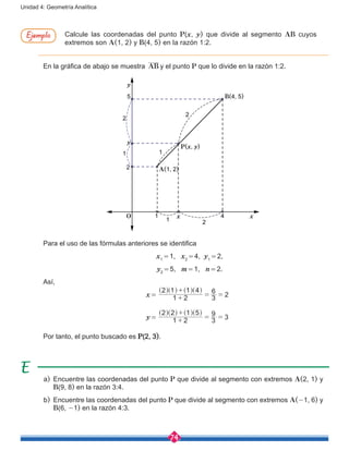 74
Unidad 4: Geometría Analítica
En la gráfica de abajo se muestra AB y el punto P que lo divide en la razón 1:2.
xx
y
y
2
5
2
2
4
2
1
1
1
1
B(4, 5)
A(1, 2)
P(x, y)
O
Para el uso de las fórmulas anteriores se identifica
x1
 = 1, x2
 = 4, y1
 = 2,
y2
 = 5, m = 1, n = 2.
Así,
x = 
1 2
2 1 1 4
3
6
2+
+
= =
^ ^ ^ ^h h h h
y = 
1 2
2 2 1 5
3
9
3+
+
= =
^ ^ ^ ^h h h h
Por tanto, el punto buscado es P(2, 3).
a)	 Encuentre las coordenadas del punto P que divide al segmento con extremos A(2, 1) y
B(9, 8) en la razón 3:4.
b)	 Encuentre las coordenadas del punto P que divide al segmento con extremos A(-1, 6) y
B(6, -1) en la razón 4:3.
Calcule las coordenadas del punto P(x, y) que divide al segmento AB cuyos
extremos son A(1, 2) y B(4, 5) en la razón 1:2.
Ejemplo
 