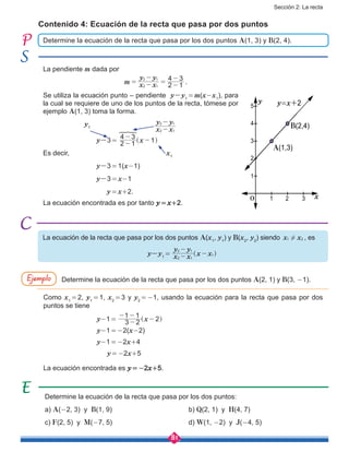 Sección 2: La recta
81
Contenido 4: Ecuación de la recta que pasa por dos puntos
La pendiente m dada por
			          m x x
y y
2 1
4 3
2 1
2 1
= -
-
= -
-
.
Se utiliza la ecuación punto – pendiente y-y1
 = m(x-x1
), para
la cual se requiere de uno de los puntos de la recta, tómese por
ejemplo A(1, 3) toma la forma.
		y1			
x x
y y
2 1
2 1
-
-
y-3 =  x2 1
4 3
1-
-
-^ h
G
Es decir, 					 x1
y-3 = 1(x-1)
y-3 = x-1
 y = x+2.
La ecuación encontrada es por tanto y = x+2.
Determine la ecuación de la recta que pasa por los dos puntos:
a) A(-2, 3) y B(1, 9)				 b) Q(2, 1) y H(4, 7)
c) F(2, 5) y M(-7, 5)				d) W(1, -2) y J(-4, 5)
Determine la ecuación de la recta que pasa por los dos puntos A(1, 3) y B(2, 4).
La ecuación de la recta que pasa por los dos puntos A(x1
, y1
) y B(x2
, y2
) siendo x x1 2! , es
y-y1
 = 
x x
y y
x x2 1
2 1
1
-
-
-^ h
y
x
B(2,4)
A(1,3)
y=x+2
3
4
5
2
1
1 2 3O
Ejemplo
Como x1
 = 2, y1
 = 1, x2
 = 3 y y2
 = -1, usando la ecuación para la recta que pasa por dos
puntos se tiene
		      y-1 =  x3 2
1 1
2-
- -
-^ h
		      y-1 = -2(x-2)
		      y-1 = -2x+4
			 y = -2x+5
La ecuación encontrada es y = -2x+5.
Determine la ecuación de la recta que pasa por los dos puntos A(2, 1) y B(3, -1).
 