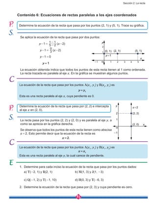Sección 2: La recta
83
Contenido 6: Ecuaciones de rectas paralelas a los ejes coordenados
Se aplica la ecuación de la recta que pasa por dos puntos:
y-1 = 
5 2
1 1
-
-
(x-2)
y-1 = 
3
0
(x-2)
y-1 = 0
y = 1
La ecuación obtenida indica que todos los puntos de esta recta tienen al 1 como ordenada.
La recta trazada es paralela al eje x. En la gráfica se muestran algunos puntos.
1.	 Determine para cada inciso la ecuación de la recta que pasa por los puntos dados:
	a) T(-2, 1) y R(2, 1)	 		 b) M(1, 3) y J(1, -3)
	c) Q(-1, 2) y T(-1, 10)			d) H(0, 3) y T(-6, 3)
2.	 Determine la ecuación de la recta que pasa por (2, 3) y cuya pendiente es cero.
Determine la ecuación de la recta que pasa por los puntos (2, 1) y (5, 1). Trace su gráfica.
La ecuación de la recta que pasa por los puntos A(x1
, y1
) y B(x2
, y1
) es
y = y1
Esta es una recta paralela al eje x, cuya pendiente es 0.
La ecuación de la recta que pasa por los puntos A(x1
, y1
) y B(x1
, y2
) es
x = x1
Esta es una recta paralela al eje y, la cual carece de pendiente.
La recta pasa por los puntos (2, 2) y (2, 0) y es paralela al eje y, a
como se aprecia en la gráfica derecha.
Se observa que todos los puntos de esta recta tienen como abscisa
x = 2. Esto permite decir que la ecuación de la recta es
x = 2.
Determine la ecuación de la recta que pasa por (2, 2) e intercepta
al eje x en (2, 0).
y
x
y=1
2
2 3 4 5
1
1-1
(0, 1) (2, 1) (5, 1)
O
y
x
x=2
(2, 2)2
1
-1
(2, 0)
O
1
2
1
2
 