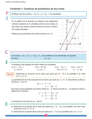 84
Unidad 4: Geometría Analítica
Contenido 7: Condición de paralelismo de dos rectas
En la gráfica de la derecha se observa una separación
vertical constante de 3 unidades entre las dos rectas, lo
que indica que estas no tienen puntos en común, es decir,
son rectas paralelas.
Nótese que la pendiente de ambas rectas es m = 2.
a)	 Determine la ecuación de la recta que pasa por (-2, -3) y es paralela a la recta cuya
ecuación es 4x+y-5 = 0.
b)	 Determine la ecuación de la recta que pasa por (-3, 4) y es paralela a 6x+3y-3 = 0.
Investigue si las parejas de rectas dadas son paralelas:
a)	 y = -3x+1		 b) y = 10+3x		 c) y = -5x+1	d) y = -5x+3
	 y = 3x+6			 y = 3x-1		 5x+y+7 = 0	 y = -3-5x
Verifique que las rectas y = 2x+2 y y = 2x-1 son paralelas.
Las rectas y = m1
x+n1
, y = m2
x+n2
son paralelas si sus pendientes son iguales.
Es decir, 					 m1
 = m2
Ejemplo
La pendiente de la recta buscada es la misma que la de 2x+y-2 = 0, esta última se lleva a
la forma y = mx+b:
				
x y
y x
2 2 0
2 2
+ - =
=- +
De modo que la pendiente de ambas rectas es  -2. Como el punto (3, -2) está en la recta a
determinar, entonces
					
y x
y x
y x
2 2 3
2 2 6
2 4
- - =- -
+ =- +
=- +
^ ^h h
La ecuación de la recta es y = -2x+4.
Determine la ecuación de la recta que pasa por (3, -2) y es paralela a la recta
2x+y-2 = 0.
y=2x+2
y=2x-1
y
x
3
3
3
3
4
5
6
2
2
1
1
O-1
-1
2
 
