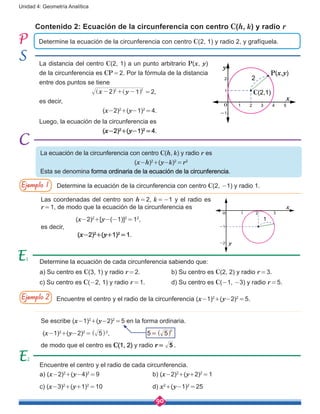 90
Unidad 4: Geometría Analítica
Se escribe (x-1)2
+(y-2)2
 = 5 en la forma ordinaria.
(x-1)2
+(y-2)2
 =  5^ h2
,		 5 =  5
2
^ h
de modo que el centro es C(1, 2) y radio r =  5 .
Contenido 2: Ecuación de la circunferencia con centro C(h, k) y radio r
La distancia del centro C(2, 1) a un punto arbitrario P(x, y)
de la circunferencia es CP = 2. Por la fórmula de la distancia
entre dos puntos se tiene
x y2 12 2
- + -] ^g h  = 2,
es decir,
(x-2)2
+(y-1)2
 = 4.
Luego, la ecuación de la circunferencia es
(x-2)2
+(y-1)2
 = 4.
Determine la ecuación de la circunferencia con centro C(2, 1) y radio 2, y grafíquela.
-1
2
2
2
1
1
O 4 53
y
x
P(x,y)
C(2,1)
-1
-2
1
21 3
y
x
O
La ecuación de la circunferencia con centro C(h, k) y radio r es
					(x-h)2
+(y-k)2
 = r2
Esta se denomina forma ordinaria de la ecuación de la circunferencia.
Las coordenadas del centro son h = 2, k = -1 y el radio es
r = 1, de modo que la ecuación de la circunferencia es
(x-2)2
+[y-(-1)]2
 = 12
,
es decir,
(x-2)2
+(y+1)2
 = 1.
Determine la ecuación de la circunferencia con centro C(2, -1) y radio 1.
Encuentre el centro y el radio de la circunferencia (x-1)2
+(y-2)2
 = 5.
Determine la ecuación de cada circunferencia sabiendo que:
a) Su centro es C(3, 1) y radio r = 2.		 b) Su centro es C(2, 2) y radio r = 3.
c) Su centro es C(-2, 1) y radio r = 1.		 d) Su centro es C(-1, -3) y radio r = 5.
Encuentre el centro y el radio de cada circunferencia.
a) (x-2)2
+(y-4)2
 = 9			 b) (x-2)2
+(y+2)2
 = 1
c) (x-3)2
+(y+1)2
 = 10			d) x2
+(y-1)2
 = 25
Ejemplo 1
Ejemplo 2
2
 