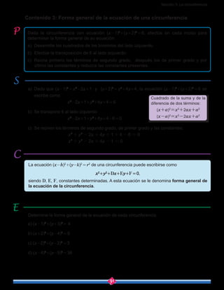 Sección 3: La circunferencia
91
Contenido 3: Forma general de la ecuación de una circunferencia
a)	 Dado que (x-1)2
 = x2
-2x+1 y (y+2)2
 = y2
+4y+4, la ecuación (x-1)2
+(y+2)2
 = 6 se
escribe como
				 x2
-2x+1+y2
+4y+4 = 6
b)	 Se transpone 6 al lado izquierdo
				 x2
-2x+1+y2
+4y+4-6 = 0
c)	 Se reúnen los términos de segundo grado, de primer grado y las constantes:
				 x y x y
x y x y
2 4 1 4 6 0
2 4 1 0.
2 2
2 2
+ - + + + - =
+ - + - =
Dada la circunferencia con ecuación (x-1)2
+(y+2)2
 = 6, efectúe en cada inciso para
determinar la forma general de su ecuación.
a)	 Desarrolle los cuadrados de los binomios del lado izquierdo.
b)	 Efectúe la transposición de 6 al lado izquierdo.
c)	 Reúna primero los términos de segundo grado, después los de primer grado y por
último las constantes y reduzca las constantes presentes.
La ecuación (x-h)2
+(y-k)2
 = r2
de una circunferencia puede escribirse como
x2
+y2
+Dx+Ey+F = 0,
siendo D, E, F, constantes determinadas. A esta ecuación se le denomina forma general de
la ecuación de la circunferencia.
Determine la forma general de la ecuación de cada circunferencia.
a) (x-1)2
+(y+3)2
 = 4
b) (x+2)2
+(y-4)2
 = 9
c) (x-2)2
+(y-2)2
 = 3
d) (x-4)2
+(y-5)2
 = 36
Cuadrado de la suma y de la
diferencia de dos términos:
(x+a)2
=x2
+2ax+a2
(x-a)2
=x2
-2ax+a2
 
