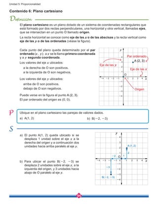 94
Unidad 5: Proporcionalidad
Contenido 6: Plano cartesiano
El plano cartesiano es un plano dotado de un sistema de coordenadas rectangulares que
está formado por dos rectas perpendiculares, una horizontal y otra vertical, llamadas ejes,
que se intersectan en un punto O llamado origen.
La recta horizontal se conoce como eje de las x o de las abscisas y la recta vertical como
eje de las y o de las ordenadas (véase la figura).
Cada punto del plano queda determinado por el par
ordenado (x, y); a x se le llama primera coordenada
y a y segunda coordenada.
Los valores del eje x ubicados:
a la derecha de O son positivos.
a la izquierda de O son negativos.
Los valores del eje y ubicados:
arriba de O son positivos.
debajo de O son negativos.
Puede verse en la figura el punto A (2, 3).
El par ordenado del origen es (0, 0).
Definición
Ubique en el plano cartesiano las parejas de valores dados.
a)	 A(1, 2)
a)	El punto A(1, 2) queda ubicado si se
desplaza 1 unidad sobre el eje x a la
derecha del origen y a continuación dos
unidades hacia arriba paralelo al eje y.
b)	B(-2, -3)
b)	Para ubicar el punto B(-2, -3) se
desplaza 2 unidades sobre el eje x, a la
izquierda del origen, y 3 unidades hacia
abajo de O paralelo al eje y.
2
2
4
4-2
-2
-4
-4 x
y
O
Origen
Par ordenado
Eje de las x
Eje de las y
1 3-1-3
3
1
A (2, 3)
-1
-3
2
2
4
4-2
-2
-4
-4 x
y
O
10 3-1-3
3
1
A (1, 2)
B(-2, -3)
2
-2
-3
1
-1
-3
 