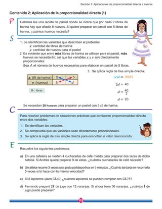 Sección 3: Aplicaciones de proporcionalidad directa e inversa
119
(2)d = (8)(5)
2d = 40
d =
d = 20
2
40
Contenido 2: Aplicación de la proporcionalidad directa (1)
Gabriela lee una receta de pastel donde se indica que por cada 2 libras de
harina hay que añadir 8 huevos. Si quiere preparar un pastel con 5 libras de
harina, ¿cuántos huevos necesita?
2. Es evidente que entre más libras de harina se utilicen para el pastel, más 	 	
huevos se necesitarán; así que las variables x y y son directamente 	 	 	
proporcionales:
1. Se identifican las variables que describen el problema: 	
	 x: cantidad de libras de harina 	
	 y: cantidad de huevos para el pastel
3. Se aplica regla de tres simple directa:
Se necesitan 20 huevos para preparar un pastel con 5 lb de harina.
Sea d, el número de huevos necesarios para elaborar un pastel de 5 libras.
x (lb de harina) 2 5
y (huevos) 8 d
Para resolver problemas de situaciones prácticas que involucren proporcionalidad directa
entre dos variables:
1.	 Se identifican las variables.
2.	 Se comprueba que las variables sean directamente proporcionales.
3.	 Se aplica la regla de tres simple directa para encontrar el valor desconocido.
Resuelve los siguientes problemas:
a)	 En una cafetera se vierten 4 cucharadas de café molido para preparar dos tazas de dicha
bebida. Si Andrés quiere preparar 9 de estas, ¿cuántas cucharadas de café necesita?
b)	 Un atleta recorre 3 veces una pista polideportiva en 9 minutos. ¿Cuánto tardará en recorrerla
5 veces si lo hace con la misma velocidad?
c)	 Si 8 lapiceros valen C$40, ¿cuántos lapiceros se pueden comprar con C$75?
d)	 Fernando preparó 2 de jugo con 12 naranjas. Si ahora tiene 36 naranjas, ¿cuántos de
jugo puede preparar?
lb : libras
 