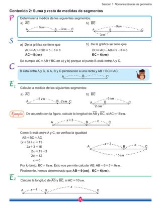 Sección 1: Nociones básicas de geometría
127
Contenido 2: Suma y resta de medidas de segmentos
Determine la medida de los siguientes segmentos:
a)	 AC
AC=AB+BC=5+3=8
AC=8(cm)
BC=AC-AB=9-3=6
BC=6(cm)
b)	 BC
9cm
3cm
A B C
5cm
3cmA B C
B está entre A y C, si A, B y C pertenecen a una recta y AB+BC=AC.
Ejemplo De acuerdo con la figura, calcule la longitud de AB y BC, si AC=15cm.
AB+BC=AC
(x+3)+x=15
2x+3=15
2x=15-3
2x=12
x=6
A B
A B C
C
a) De la gráfica se tiene que b) De la gráfica se tiene que
Se cumple AC=AB+BC en a) y b) porque el punto B está entre A y C.
Por lo tanto, BC=6cm. Esto nos permite calcular AB: AB=6+3=9cm.
Finalmente, hemos determinado que AB=9(cm), BC=6(cm).
Como B está entre A y C, se verifica la igualdad
Calcule la medida de los siguientes segmentos:
a)	 AC b)	 BC
A AB BC C
1
2
2cm
5 cm
15cm
6cm
2 cm
A B C
x+3 x
xx+3
Calcule la longitud de AB y BC, si AC=10cm.
A B Cx-4
x
 