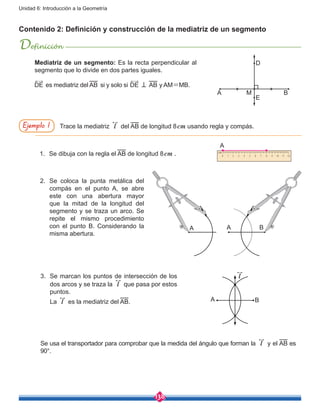138
Unidad 6: Introducción a la Geometría
Contenido 2: Definición y construcción de la mediatriz de un segmento
Definición
Ejemplo 1 Trace la mediatriz l del AB de longitud 8cm usando regla y compás.
1.	 Se dibuja con la regla el AB de longitud 8cm .
2.	Se coloca la punta metálica del
compás en el punto A, se abre
este con una abertura mayor
que la mitad de la longitud del
segmento y se traza un arco. Se
repite el mismo procedimiento
con el punto B. Considerando la
misma abertura.
3.	 Se marcan los puntos de intersección de los
dos arcos y se traza la l que pasa por estos
puntos.
	La l es la mediatriz del AB.
A
A A B
A B
Se usa el transportador para comprobar que la medida del ángulo que forman la l y el AB es
90°.
Mediatriz de un segmento: Es la recta perpendicular al
segmento que lo divide en dos partes iguales.
D
E
BMA
DE es mediatriz del AB si y solo si DE ⊥ AB y AM=MB.
l
 