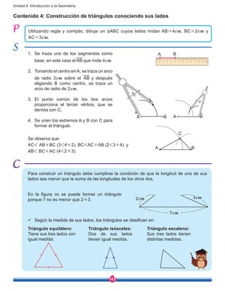 142
Unidad 6: Introducción a la Geometría
Contenido 4: Construcción de triángulos conociendo sus lados
Utilizando regla y compás, dibuje un ∆ABC cuyos lados midan AB=4cm, BC=2cm y
AC=3cm.
1.	 Se traza uno de los segmentos como
base, en este caso el AB que mide 4cm.
2.	 Tomando el centro en A, se traza un arco
de radio 3cm sobre el AB y después
eligiendo B como centro, se traza un
arco de radio de 2cm.
3.	El punto común de los dos arcos
proporciona el tercer vértice, que se
denota con C.
4.	 Se unen los extremos A y B con C para
formar el triángulo.
A
A B A B
A B
C
Para construir un triángulo debe cumplirse la condición de que la longitud de uno de sus
lados sea menor que la suma de las longitudes de los otros dos.
En la figura no se puede formar un triángulo
porque 7 no es menor que 2+3.
ü	 Según la medida de sus lados, los triángulos se clasifican en:
2cm 3cm
7cm
Triángulo equilátero:
Tiene sus tres lados con
igual medida.
Triángulo escaleno:
Sus tres lados tienen
distintas medidas.
Triángulo isósceles:
Dos de sus lados
tienen igual medida.
B
Se observa que:
AC< AB+BC (3<4+2), BC<AC+AB (2<3+4) y
AB< BC+AC (4<2+3).
 