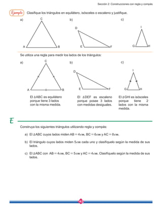 Sección 2: Construcciones con regla y compás
143
Ejemplo Clasifique los triángulos en equilátero, isósceles o escaleno y justifique.
a)
a)
b)
b)
c)
c)
D
E FA B
C
I
G H
E F
D
G H
I
El ∆ABC es equilátero
porque tiene 3 lados
con la misma medida.
El ∆DEF es escaleno
porque posee 3 lados
con medidas desiguales.
El ∆GHI es isósceles
porque tiene 2
lados con la misma
medida.
A B
C
Construya los siguientes triángulos utilizando regla y compás:
a)	El ∆ABC cuyos lados miden AB=4cm, BC=6cm y AC=8cm.
b)	 El triángulo cuyos lados miden 5cm cada uno y clasifíquelo según la medida de sus
lados.
c)	El ∆ABC con AB=4cm, BC=5cm y AC=4cm. Clasifíquelo según la medida de sus
lados.
Se utiliza una regla para medir los lados de los triángulos:
 