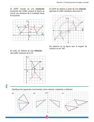 Sección 2: Construcciones con regla y compás
145
El ∆DEF resulta de una traslación
horizontal del ∆ABC porque la figura se
movió una distancia de 6 unidades hacia
la izquierda.
El ∆JKL se obtiene de una reflexión
del ∆ABC respecto de la m .
El ∆GHI se obtiene a partir de una rotación
aplicada al ∆ABC alrededor del punto O.
n
6
6
6
F
D A
E C B
n
m
m
C B
A
J
L K
m
Clasifique los siguientes movimientos como rotación, traslación o reflexión:
a) b) c)
Se observa en la figura que el ángulo de
rotación es de 180°.
n
O
O
C
A
B
O
IH
G
n
 