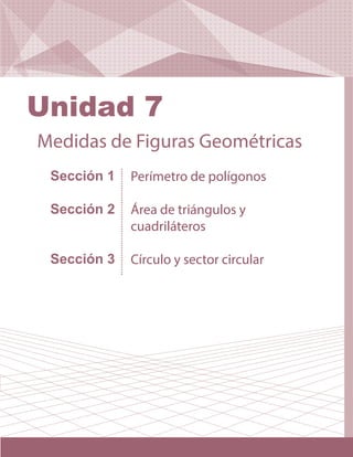 Sección 1
Sección 2
Sección 3
Perímetro de polígonos
Área de triángulos y
cuadriláteros
Círculo y sector circular
Medidas de Figuras Geométricas
Unidad 7
 
