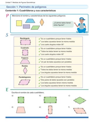 148
Unidad 7: Medidas de Figuras Geométricas
Contenido 1: Cuadriláteros y sus características
Mencione el nombre y características de los siguientes polígonos:
Escriba el nombre de cada cuadrilátero.
Sección 1: Perímetro de polígonos
¿Cuántos lados tienen
estas figuras?
Rectángulo Es un cuadrilátero porque tiene 4 lados
Los lados opuestos tienen la misma medida
Los cuatro ángulos miden 90°
Cuadrado Es un cuadrilátero porque tiene 4 lados
Todos los lados tienen la misma medida
Los cuatro ángulos miden 90°
Trapecio
Es un cuadrilátero porque tiene 4 lados
Un par de lados opuestos son paralelos
Rombo Es un cuadrilátero porque tiene 4 lados
Todos los lados tienen la misma medida
Los ángulos opuestos tienen la misma medida
Paralelogramo Es un cuadrilátero porque tiene 4 lados
Dos pares de lados opuestos son paralelos
Los lados opuestos tienen misma medida
Los ángulos opuestos tienen la misma medida
a)
d)
b)
e)
c)
f)
 