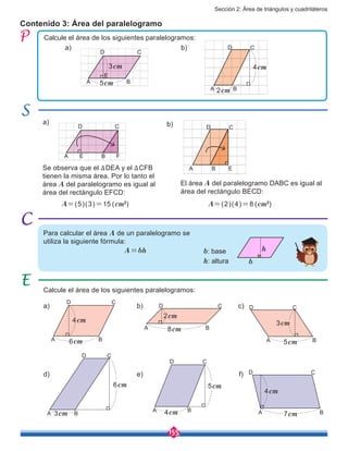 Sección 2: Área de triángulos y cuadriláteros
155
Contenido 3: Área del paralelogramo
Calcule el área de los siguientes paralelogramos:
Se observa que el ∆DEA y el ∆CFB
tienen la misma área. Por lo tanto el
área A del paralelogramo es igual al
área del rectángulo EFCD:
El área A del paralelogramo DABC es igual al
área del rectángulo BECD:
A=(5)(3)=15 (cm2
)
A=bh
A=(2)(4)=8 (cm2
)
Para calcular el área A de un paralelogramo se
utiliza la siguiente fórmula:
Calcule el área de los siguientes paralelogramos:
A B
D
5cm
C
3cm
A B
D C
A B
D
2cm
C
4cm
a)
a)
b)
b)
A B
D C
b
h
4cm
6cm
8cm
2cm
3cm
5cm
4cm
7cm
5cm
4cm
6cm
3cm
a)
d)
b)
e)
c)
f)
A
A AA
B
B BB
D
D
D
D
C
C
C
C
A
A
B
B
DD CC
E
E F
b: base
h: altura
E
 