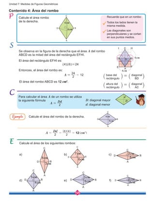 156
Unidad 7: Medidas de Figuras Geométricas
Contenido 4: Área del rombo
Calcule el área rombo
de la derecha.
Se observa en la figura de la derecha que el área A del rombo
ABCD es la mitad del área del rectángulo EFHI.
El área del rectángulo EFHI es:
(4)(6)=24
Entonces, el área del rombo es:
A
2
24
12==
El área del rombo ABCD es 12 cm2
.
Para calcular el área A de un rombo se utiliza
la siguiente fórmula
Calcule el área del rombo de la derecha.
Recuerde que en un rombo:
Todos los lados tienen la
misma medida.
Las diagonales son
perpendiculares y se cortan
en sus puntos medios.
Ejemplo
A
Dd
2
=
2
6 4
12A
Dd
cm
2
2
= = =
] ]
]
g g
g
Calcule el área de los siguientes rombos:
A
A
B
B
D
D
C
C
A
B
C
D
6cm
4cm
D
d
D
A
B
C
6cm
4cm
a)
d)
b)
e)
c)
f)
3cm
2cm
8cm
8cm
A
BD
C
8cm
3cm
A
BD
C
7cm
6cm
A
BD
C
5cm
4cm
A
BD
C
3cm
6cm
A
B
C
6cm
4cm
D
E F
G
I H
D: diagonal mayor
d: diagonal menor
base del
rectángulo
altura del
rectángulo
=
=
diagonal
BD
diagonal
AC
 