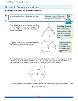 160
Unidad 7: Medidas de Figuras Geométricas
Contenido 1: Elementos de la circunferencia
Dibuje una circunferencia de 3cm de radio.
Para dibujar una circunferencia de 3cm
de radio se fija el compás en un punto O
llamado centro y se abre 3cm que será la
longitud del radio.
Por la definición de circunferencia se tiene que la distancia del centro a cualquier punto de
esta es siempre la misma, entonces OA, OB, OC son radios de la circunferencia luego,
OA=OB=OC=r y es un diámetro que como tal cumple: BA=2OA=2r.
Sección 3: Círculo y sector circular
¿Cuánto mide un diámetro
de esta circunferencia?
Una circunferencia
es el conjunto de
puntos del plano que
se encuentran a una
misma distancia de
un punto fijo llamado
centro.
O 3cm
3cm
3cm
C
AB
O 3cm
Centro
diámetro
radio
Se gira el compás una vuelta entera hasta
que el lápiz regrese al punto inicial.
Diámetro de una
circunferencia
es un segmento
cuyos extremos
pertenecen a
esta.
BA
En la circunferencia del problema el radio r mide 3cm y en consecuencia el diámetro D mide:
D=2r=(2)(3)=6(cm)
O 3cm
B
 