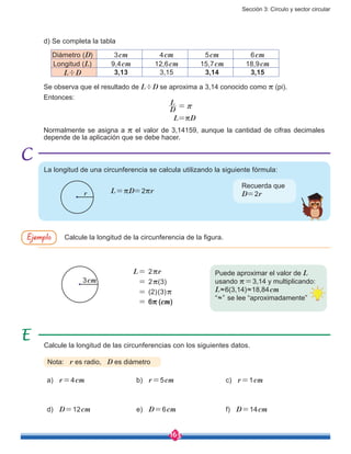 Sección 3: Círculo y sector circular
163
Se observa que el resultado de L÷D se aproxima a 3,14 conocido como r (pi).
Entonces:
						
D
L
r=
						 L=rD
Normalmente se asigna a r el valor de 3,14159, aunque la cantidad de cifras decimales
depende de la aplicación que se debe hacer.
Puede aproximar el valor de L
usando r=3,14 y multiplicando:
L≈6(3,14)≈18,84cm
“≈” se lee “aproximadamente”
3cm
Diámetro (D) 3cm 4cm 5cm 6cm
Longitud (L) 9,4cm 12,6cm 15,7cm 18,9cm
L÷D 3,13 3,15 3,14 3,15
a) r=4cm b) r=5cm c) r=1cm
d) D=12cm e) D=6cm f) D=14cm
d) Se completa la tabla
La longitud de una circunferencia se calcula utilizando la siguiente fórmula:
Calcule la longitud de las circunferencias con los siguientes datos.
Calcule la longitud de la circunferencia de la figura.Ejemplo
L=rD=2rr
Recuerda que
D=2r
L= 2rr
= 2r(3)
= (2)(3)r
= 6r (cm)
r
Nota: r es radio, D es diámetro
 