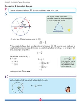 166
Unidad 7: Medidas de Figuras Geométricas
Contenido 4: Longitud de arco
Calcule la longitud del arco AB
%
de una circunferencia de radio 3cm.
Ahora, según la figura dada en el problema la longitud del AB
%
es una sexta parte de la
longitud de la circunferencia. Entonces, si L es la longitud del círculo y l es la longitud del
arco, se cumple la igualdad:
Se sabe que 60 es una sexta parte de 360:
Un ángulo central tiene como
vértice el centro de la circunferencia
y los lados son dos radios.3cm
3cm
A
B
360º
60º
r
r
A
B
Ángulo central
360
60
6
1
=
L= 2rr
= 2r(3)
= 6r cm
=r
l L6
1
6
1
2 3
6
1 6
r
r
=
=
=
b
b ]
]l
l g
g6 @
L
l
6
1
=
l
n
360=
La longitud l del AB
%
se calcula utilizando la fórmula:
r
r
nº
A
B
(2rr)
Esto significa que la
longitud de un arco
es proporcional al
ángulo central.
l
Se procede a calcular L y l:
L
l n
360=
La longitud del AB
%
es r cm.
l
 