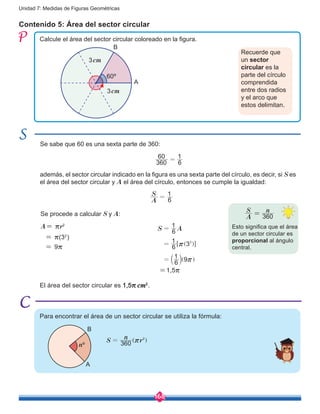 168
Unidad 7: Medidas de Figuras Geométricas
Contenido 5: Área del sector circular
Calcule el área del sector circular coloreado en la figura.
además, el sector circular indicado en la figura es una sexta parte del círculo, es decir, si S es
el área del sector circular y A el área del círculo, entonces se cumple la igualdad:
Se sabe que 60 es una sexta parte de 360:
Recuerde que
un sector
circular es la
parte del círculo
comprendida
entre dos radios
y el arco que
estos delimitan.
3cm
3cm
A
B
60º
360
60
6
1
=
A= rr2
= r(32
)
= 9r
A
S
6
1
=
S A6
1
6
1 3
6
1 9
2
r
r
=
=
= b ]
]
l
g
g
6 @
S
n r360
2
r= ] g
Para encontrar el área de un sector circular se utiliza la fórmula:
El área del sector circular es 1,5r cm2
.
nº
A
B
Se procede a calcular S y A:
Esto significa que el área
de un sector circular es
proporcional al ángulo
central.
A
S n
360=
=1,5r
 