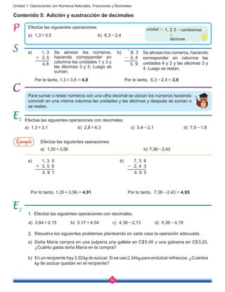 12
Unidad 1: Operaciones con Números Naturales, Fracciones y Decimales
Contenido 5: Adición y sustracción de decimales
Efectúe las siguientes operaciones:
Efectúe las siguientes operaciones:
a)	1,35+3,56					 b) 7,38-2,43
a)	1,3+3,5 b)	6,3-2,4
a) 1, 3
+ 3, 5
4,8
a)	 1, 3 5
+ 3, 5 6
4, 9 1
b)	 7, 3 8
- 2, 4 3
4, 9 5
b)	 6, 3
- 2, 4
3, 9
⁵
2.	 Resuelva los siguientes problemas planteando en cada caso la operación adecuada.
a)	 Doña María compra en una pulpería una galleta en C$5,50 y una golosina en C$3,25.
¿Cuánto gasta doña María en la compra?
b)	 En un recipiente hay 3,52kg de azúcar. Si se usa 2,34kg para endulzar refrescos. ¿Cuántos
kg de azúcar quedan en el recipiente?
a)	3,64+2,15 c)	4,38-2,13b)	5,17+4,54 d)	5,36-4,19
1, 2 3unidad centésimas
décimas
Efectúe las siguientes operaciones con decimales:
a) 1,3+3,1			 b) 2,8+6,3			 c) 3,4-2,1			 d) 7,5-1,9
1
Para sumar o restar números con una cifra decimal se ubican los números haciendo
coincidir en una misma columna las unidades y las décimas y después se suman o
se restan.
2
1. Efectúe las siguientes operaciones con decimales.
Se alinean los números,
haciendo corresponder en
columna las unidades 1 y 3 y
las décimas 3 y 5. Luego se
suman.
Por lo tanto, 1,3+3,5=4,8 Por lo tanto, 6,3-2,4=3,9
Por lo tanto, 1,35+3,56=4,91 Por lo tanto, 7,38-2,43=4,95
Se alinean los números, haciendo
corresponder en columna las
unidades 6 y 2 y las décimas 3 y
4. Luego se restan.
Ejemplo
 