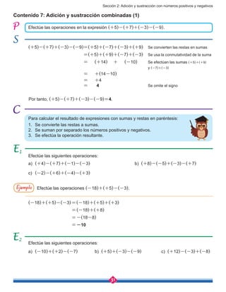 Sección 2: Adición y sustracción con números positivos y negativos
31
Contenido 7: Adición y sustracción combinadas (1)
Efectúe las siguientes operaciones:
a)	 (-10)+(+2)-(-7)	 	 b) (+5)+(-3)-(-9)	 	 c) (+12)-(-3)+(-8)
Efectúe las operaciones en la expresión (+5)-(+7)+(-3)-(-9).
(+5)-(+7)+(-3)-(-9)=(+5)+(-7)+(-3)+(+9)	 Se convierten las restas en sumas
                                         =(+5)+(+9)+(-7)+(-3)	 Se usa la conmutatividad de la suma
                                         =     (+14)    +     (-10)	 Se efectúan las sumas (+5)+(+9)
                                                                                                            y (-7)+(-3)
                                         =     +(14-10)	 	 	
                                         =     +4				
                                         = 4				Se omite el signo
Para calcular el resultado de expresiones con sumas y restas en paréntesis:
1.	 Se convierte las restas a sumas.
2.	 Se suman por separado los números positivos y negativos.
3.	 Se efectúa la operación resultante.
Efectúe las siguientes operaciones:
a)	 (+4)-(+7)+(-1)-(-3)	 	 	 	 b) (+8)-(-5)+(-3)-(+7)
c)	 (-2)-(+6)+(-4)-(+3)
Ejemplo Efectúe las operaciones (-18)+(+5)-(-3).
(-18)+(+5)-(-3)=(-18)+(+5)+(+3)	 	
=(-18)+(+8)
=-(18-8)
=-10
1
2
Por tanto, (+5)-(+7)+(-3)-(-9)=4.
 