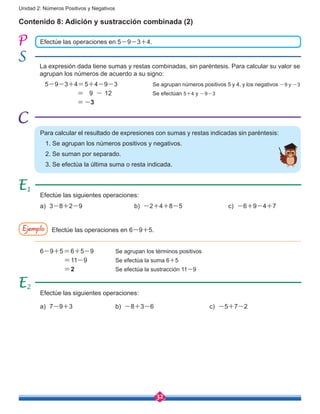 32
Unidad 2: Números Positivos y Negativos
Contenido 8: Adición y sustracción combinada (2)
Efectúe las operaciones en 5-9-3+4.
La expresión dada tiene sumas y restas combinadas, sin paréntesis. Para calcular su valor se
agrupan los números de acuerdo a su signo:
5-9-3+4=5+4-9-3		 Se agrupan números positivos 5 y 4, y los negativos -9 y -3
= 9 - 12			 Se efectúan 5+4 y -9-3
=-3				
Para calcular el resultado de expresiones con sumas y restas indicadas sin paréntesis:
1. Se agrupan los números positivos y negativos.
2. Se suman por separado.
3. Se efectúa la última suma o resta indicada.
Efectúe las siguientes operaciones:
a)	3-8+2-9			b) -2+4+8-5			c) -6+9-4+7
Efectúe las siguientes operaciones:
a)	7-9+3			b) -8+3-6			c) -5+7-2
Ejemplo Efectúe las operaciones en 6-9+5.
1
2
6-9+5=6+5-9 	 Se agrupan los términos positivos
=11-9		 Se efectúa la suma 6+5
=2			 Se efectúa la sustracción 11-9
 
