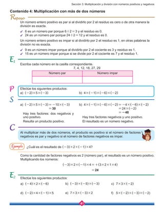 Sección 3: Multiplicación y división con números positivos y negativos
41
Contenido 4: Multiplicación con más de dos números
R
Un número entero positivo es par si al dividirlo por 2 el residuo es cero o de otra manera la
división es exacta.
ü	 6 es un número par porque 6÷2=3 y el residuo es 0.
ü	 24 es un número par porque 24÷2=12 y el residuo es 0.
Un número entero positivo es impar si al dividirlo por 2 el residuo es 1, en otras palabras la
división no es exacta.
ü	 9 es un número impar porque al dividirlo por 2 el cociente es 3 y residuo es 1.
ü	 15 es un número impar porque si se divide por 2 el cociente es 7 y el residuo 1.
Escriba cada número en la casilla correspondiente.
7, 4, 12, 18, 27, 29
1
2
Número par Número impar
Efectúe los siguientes productos:
a) (-2)×5×(-3) 		 b) 4×(-1)×(-6)×(-2)
Hay tres factores negativos y uno positivo.
El resultado es un número negativo.
Hay tres factores: dos negativos y
uno positivo.
Resulta un producto positivo.
a) (-2)×5×(-3)=-10×(-3)
	 =30
b) 4×(-1)×(-6)×(-2)=-4×(-6)×(-2)
	 =24×(-2)
                                           =-48
Al multiplicar más de dos números, el producto es positivo si el número de factores
negativos es par y negativo si el número de factores negativos es impar.
Ejemplo ¿Cuál es el resultado de (-3)×2×(-1)×4?
Como la cantidad de factores negativos es 2 (número par), el resultado es un número positivo.
Multiplicando los números:
(-3)×2×(-1)×4=+(3×2×1×4)
=24
Efectúe los siguientes productos:
a)	 (-4)×2×(-6)
d)	 (-2)×4×(-1)×5
b)	 (-3)×(-5)×(-3)
e)	7×3×(-3)×2
c)	7×3×(-2)
f)	5×(-2)×(-3)×(-2)
 
