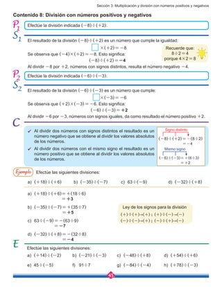Sección 3: Multiplicación y división con números positivos y negativos
45
Contenido 8: División con números positivos y negativos
Efectúe la división indicada (-8)÷(+2).
Efectúe la división indicada (-6)÷(-3).
El resultado de la división (-8)÷(+2) es un número que cumple la igualdad:
×(+2)=-8
Se observa que (-4)×(+2)=-8. Esto significa:
                                               (-8)÷(+2)=-4
Al dividir -8 por +2, números con signos distintos, resulta el número negativo -4.
El resultado de la división (-6)÷(-3) es un número que cumple:
×(-3)=-6
Se observa que (+2)×(-3)=-6. Esto significa:
                                                (-6)÷(-3)=+2
Al dividir -6 por -3, números con signos iguales, da como resultado el número positivo +2.
1
2
1
2
Recuerde que:
8÷2=4
porque 4×2=8
ü	 Al dividir dos números con signos distintos el resultado es un
número negativo que se obtiene al dividir los valores absolutos
de los números.
ü	 Al dividir dos números con el mismo signo el resultado es un
número positivo que se obtiene al dividir los valores absolutos
de los números.
Ejemplo Efectúe las siguientes divisiones:
a)	 (+18)÷(+6)
a)	 (+14)÷(-2)
e)	45÷(-5)
b)	 (-35)÷(-7)
b)	 (-21)÷(-3)
f)	91÷7
c)	63÷(-9)
c)	 (-48)÷(+8)
g)	 (-84)÷(-4)
d)	 (-32)÷(+8)
d)	 (+54)÷(+6)
h)	 (+78)÷(-3)
a)	 (+18)÷(+6)=+(18÷6)
			 =+3
b)	 (-35)÷(-7)=+(35÷7)
	 =+5
c)	63÷(-9)=-(63÷9)
	 =-7
d)	 (-32)÷(+8)=-(32÷8)
	 =-4
Efectúe las siguientes divisiones:
Ley de los signos para la división
(+)÷(+)→(+) ; (+)÷(-)→(-)
(-)÷(-)→(+) ; (-)÷(+)→(-)
(-8)÷(+2)=-(8÷2)
=-4
(-6)÷(-3)=+(6÷3)
=+2
Signo distinto
Mismo signo
 