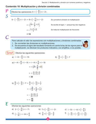 Sección 3: Multiplicación y división con números positivos y negativos
47
Contenido 10: Multiplicación y división combinadas
Efectúe las operaciones ×9 7
9 2' - -b ]l g.
9 7
9 2 9 9
7 2× × ×' - - = - -b ] b ]l g l g		 Se convierte la división en multiplicación
9 9× ×
× ×
7
2
1
1 7 2
1
1
=
=
+
+
f p		Se escribe el signo + porque hay dos negativos
			 		 Se indica la multiplicación de fracciones
=14				
Para calcular el valor de expresiones con multiplicaciones y divisiones combinadas:
1.	 Se convierten las divisiones en multiplicaciones.
2.	 Se encuentra el signo del resultado tomando el cuenta la ley de los signos para la
multiplicación, se efectúan los productos indicados y se simplifica, si es posible.
Ejemplo Efectúe las siguientes operaciones:
a)	 4
5
6 9×'- -] ]g g
a) 								
			
4 6
5
9× ×=+b l²
³
³
¹
		
			 × ×
× ×
1 1 1
2 5 3
=+ 		
			 =30				
b) 2
9
3
5
7 2
9
3
5
7
1
× × ×'- = -b bl l 		
		 2
9
3
5
7
1
× ×=-b l
³
¹
		
		 × ×
× ×
2 1 7
3 5 1
=- 		
=- 14
15
				
b)	
2
9
3
5
7× '-b l
Efectúe las siguientes operaciones:
a)	 3 4
3 7×' - -b ]l g
d)	
9
1 8
3
4
×'- -b ]l g
b)	 7 5
2 2× '- -b ]l g
e)	
4
3
5
2
2
3
× '-b l
c)	 9 6 5
4
×'- - -] ] bg g l
f)	
7
5
3
2
5
4' '- - -b b bl l l
4
5
6 9 4
6
5 9× × ×'- - = - -] ] ] ]g g g g
 