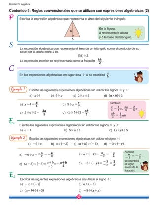 58
Unidad 3: Álgebra
También:
x
x4 4
1
= ,
ab
ab3 3
1
=
Contenido 3: Reglas convencionales que se utilizan con expresiones algebraicas (2)
Escriba la expresión algebraica que representa el área del siguiente triángulo.
h
b
En la figura,
h representa la altura
y b la base del triángulo.
La expresión algebraica que representa el área de un triángulo como el producto de su
base por la altura entre 2 es
(bh)÷2
La expresión anterior se representará como la fracción bh
2
.
En las expresiones algebraicas en lugar de a ÷ b se escribirá
b
a
.
Escriba las siguientes expresiones algebraicas sin utilizar los signos × y ÷:
Escriba las siguientes expresiones algebraicas sin utilizar el signo ÷:
Escriba las siguientes expresiones algebraicas sin utilizar el signo ÷:
Escriba las siguientes expresiones algebraicas sin utilizar los signos × y ÷:
a)	 x÷4=
a)	 x÷4
a)	 -6÷x=
6
x
-
=
a)	 -6÷x
a)	 -x÷(-2)
c)	 (a-b)÷(-3)
c)	 (a+b)÷(-5)=a+b
-5
=-a+b
5
c)	 (a+b)÷(-5)
c)	 2×a÷5=
c)	 2×a÷5
a)	 a÷7 b)	 5×a÷3 c)	 (x×y)÷5
b)	 9÷y=
b)	 9÷y
b)	 b÷(-8)
d)	 -9÷(x+y)
d)	 (a×b)÷3=
d)	 (a×b)÷3
1
2
Ejemplo 1
Ejemplo 2
Aunque
2 2
a a
- =- ,
se escribirá
el signo
antes de la
fracción.
x
4 y
9
x
6
2a
5
ab
3
d)	 -3÷(-y)=
3
y-
-
=
d)	 -3÷(-y)
y
3
b)	 a÷(-2)= 2
a
- =
b)	 a÷(-2)
a
2
a
a5
2
5
2
=
 