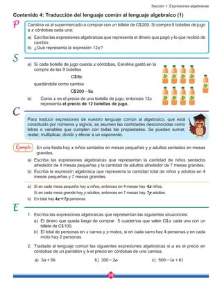 Sección 1: Expresiones algebraicas
59
Contenido 4: Traducción del lenguaje común al lenguaje algebraico (1)
Carolina va al supermercado a comprar con un billete de C$200. Si compra 9 botellas de jugo
a x córdobas cada una:
a)	 Escriba las expresiones algebraicas que representa el dinero que pagó y lo que recibió de
cambio.
b)	 ¿Qué representa la expresión 12x?
Para traducir expresiones de nuestro lenguaje común al algebraico, que está
constituido por números y signos, se asumen las cantidades desconocidas como
letras o variables que cumplen con todas las propiedades. Se pueden sumar,
restar, multiplicar, dividir y elevar a un exponente.
a)	 Si cada botella de jugo cuesta x córdobas, Carolina gastó en la
compra de las 9 botellas
C$9x
	 quedándole como cambio
                     C$200-9x
b)	Como x es el precio de una botella de jugo, entonces 12x
	representa el precio de 12 botellas de jugo.
Ejemplo En una fiesta hay x niños sentados en mesas pequeñas y y adultos sentados en mesas
grandes.
a)	Escriba las expresiones algebraicas que representan la cantidad de niños sentados
alrededor de 4 mesas pequeñas y la cantidad de adultos alrededor de 7 mesas grandes.
b)	 Escriba la expresión algebraica que representa la cantidad total de niños y adultos en 4
mesas pequeñas y 7 mesas grandes.
a)	 Si en cada mesa pequeña hay x niños, entonces en 4 mesas hay 4x niños.
	 Si en cada mesa grande hay y adultos, entonces en 7 mesas hay 7y adultos.
b)	 En total hay 4x+7y personas.
1.	 Escriba las expresiones algebraicas que representan las siguientes situaciones:
a)	 El dinero que queda luego de comprar 5 cuadernos que valen C$x cada uno con un
billete de C$100.
b)	 El total de personas en x carros y y motos, si en cada carro hay 4 personas y en cada
moto hay 2 personas.
2.	 Traslade al lenguaje común las siguientes expresiones algebraicas si a es el precio en
córdobas de un pantalón y b el precio en córdobas de una camisa.
a)	 3a+5b b)	 300-2a c)	 500-(a+b)
 