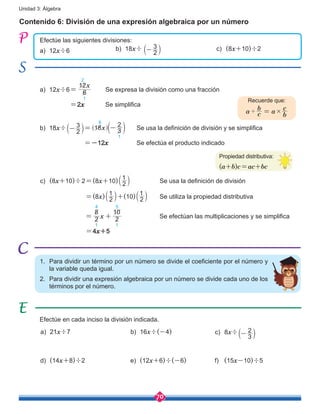 70
Unidad 3: Álgebra
Contenido 6: División de una expresión algebraica por un número
Efectúe las siguientes divisiones:
a)	12x÷6                                                      
a)	12x÷6=
x
6
12
1
2
Se expresa la división como una fracción
=2x Se simplifica
b)	18x÷
2
3
-b l= x18 3
26
1
-^ ch m      Se usa la definición de división y se simplifica
=-12x Se efectúa el producto indicado
b)	18x÷
2
3
-b l c)	 (8x+10)÷2
c)	 (8x+10)÷2=(8x+10) 2
1b l Se usa la definición de división
=(8x) 2
1b l+(10) 2
1b l Se utiliza la propiedad distributiva
x2
8
2
10
1
4
1
5
= + Se efectúan las multiplicaciones y se simplifica
=4x+5
Recuerde que:
a c
b
a
b
c' #=
Propiedad distributiva:
(a+b)c=ac+bc
1.	 Para dividir un término por un número se divide el coeficiente por el número y
la variable queda igual.
2.	 Para dividir una expresión algebraica por un número se divide cada uno de los
términos por el número.
Efectúe en cada inciso la división indicada.
a)	 21x÷7 b)	 16x÷(-4) c)	 8x÷
3
2
-b l
d)	 (14x+8)÷2 e)	 (12x+6)÷(-6) f)	 (15x-10)÷5
 