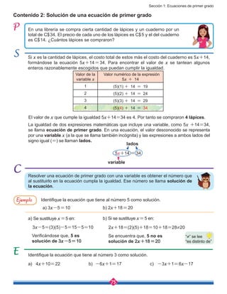 Sección 1: Ecuaciones de primer grado
75
Si x es la cantidad de lápices, el costo total de estos más el costo del cuaderno es 5x+14,
formándose la ecuación 5x+14=34. Para encontrar el valor de x se tantean algunos
enteros razonablemente escogidos que puedan cumplir la igualdad.
Valor de la
variable x
Valor numérico de la expresión
5x + 14
1 (5)(1) + 14 = 19
2 (5)(2) + 14 = 24
3 (5)(3) + 14 = 29
4 (5)(4) + 14 = 34
Contenido 2: Solución de una ecuación de primer grado
Identifique la ecuación que tiene al número 3 como solución.
a) 4x+10=22 b) -6x+1=17 c) -3x+1=6x-17
En una librería se compra cierta cantidad de lápices y un cuaderno por un
total de C$34. El precio de cada uno de los lápices es C$5 y el del cuaderno
es C$14. ¿Cuántos lápices se compraron?
Resolver una ecuación de primer grado con una variable es obtener el número que
al sustituirlo en la ecuación cumpla la igualdad. Ese número se llama solución de
la ecuación.
La igualdad de dos expresiones matemáticas que incluye una variable, como 5x +14=34,
se llama ecuación de primer grado. En una ecuación, el valor desconocido se representa
por una variable x (a la que se llama también incógnita) y las expresiones a ambos lados del
signo igual (=) se llaman lados.
Identifique la ecuación que tiene al número 5 como solución.Ejemplo
a) 3x-5=10
3x-5=(3)(5)-5=15-5=10 2x+18=(2)(5)+18=10+18=28≠20
b) 2x+18=20
b) Si se sustituye x=5 en:
Verificándose que, 5 es
solución de 3x-5=10
Se encuentra que, 5 no es
solución de 2x+18=20
variable
lados
5x+14 = 34
a) Se sustituye x=5 en:
El valor de x que cumple la igualdad 5x+14=34 es 4. Por tanto se compraron 4 lápices.
“≠” se lee
“es distinto de”
 