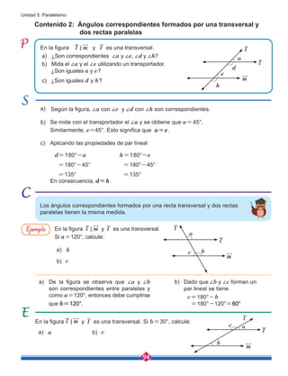 94
Unidad 5: Paralelismo
En la figura l m
< y t es una transversal.
Si a=120°, calcule:
Contenido 2: Ángulos correspondientes formados por una transversal y 	 	
dos rectas paralelas
Según la figura, ∠a con ∠e y ∠d con ∠h son correspondientes.
Se mide con el transportador el ∠a y se obtiene que a=45°.
Similarmente, e=45°. Esto significa que a=e.
En la figura y t es una transversal. Si b=30°, calcule:
En la figura l m
< y t es una transversal.
a)
a)
a)
a)
b)
b)
b)
b)
c)
Los ángulos correspondientes formados por una recta transversal y dos rectas
paralelas tienen la misma medida.
En consecuencia, d=h.
Aplicando las propiedades de par lineal
De la figura se observa que ∠a y ∠b
son correspondientes entre paralelas y
como a=120°, entonces debe cumplirse
que b=120°.
Dado que ∠b y ∠c forman un
par lineal se tiene
c=180°-b
=180°-120°=60°
Ejemplo
a) ¿Son correspondientes ∠a y ∠e, ∠d y ∠h?
b) Mida el ∠a y el ∠e utilizando un transportador.
¿Son iguales a y e?
c) ¿Son iguales d y h?
d=180°-a
=180°-45°
=135°
b
a
c
c
h=180°-e
=180°-45°
=135°
l m
<
l
m
t
d
e
h
a
l
m
t
c
b
a
l
m
t
b
c
a
 