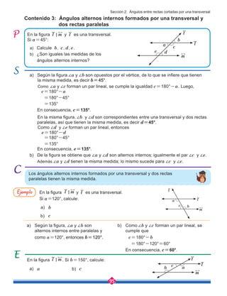 95
En la figura . Si b=150°, calcule:
a) b)
Contenido 3: Ángulos alternos internos formados por una transversal y
		 dos rectas paralelas
En la figura l m
< y t es una transversal.
Si a=45°:
Los ángulos alternos internos formados por una transversal y dos rectas
paralelas tienen la misma medida.
a) Calcule b, c, d, e.
b) ¿Son iguales las medidas de los
ángulos alternos internos?
a) Según la figura ∠a y ∠b son opuestos por el vértice, de lo que se infiere que tienen
la misma medida, es decir b=45°.
Como ∠a y ∠c forman un par lineal, se cumple la igualdad c=180°-a. Luego,
c=180°-a
=180°-45°
=135°
En consecuencia, c=135°.
En la misma figura, ∠b y ∠d son correspondientes entre una transversal y dos rectas
paralelas, así que tienen la misma medida, es decir d=45°.
Como ∠d y ∠e forman un par lineal, entonces
e=180°-d
=180°-45°
=135°
En consecuencia, e=135°.
b) De la figura se obtiene que ∠a y ∠d son alternos internos; igualmente el par ∠c y ∠e.
Además ∠a y ∠d tienen la misma medida; lo mismo sucede para ∠c y ∠e.
a c
l m
<
a)
a) b)
b)
En la figura y t es una transversal.
Si a=120°, calcule:
Según la figura, ∠a y ∠b son
alternos internos entre paralelas y
como a=120°, entonces b=120°.
Como ∠b y ∠c forman un par lineal, se
cumple que
c=180°-b
=180°-120°=60°
En consecuencia, c=60°.
Ejemplo
b
c
l m
<
l
m
t
c
d
e
b
a
l
m
t
c
b a
l
m
t
b
c
a
Sección 2: Ángulos entre rectas cortadas por una transversal
 