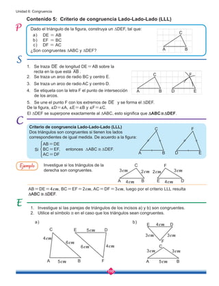 110
Unidad 6: Congruencia
Investigue si los triángulos de la
derecha son congruentes.
Contenido 5: Criterio de congruencia Lado-Lado-Lado (LLL)
1. Investigue si las parejas de triángulos de los incisos a) y b) son congruentes.
2. Utilice el símbolo ≅ en el caso que los triángulos sean congruentes.
Dado el triángulo de la figura, construya un ∆DEF, tal que:
¿Son congruentes ∆ABC y ∆DEF?
Criterio de congruencia Lado-Lado-Lado (LLL)
Dos triángulos son congruentes si tienen los lados
correspondientes de igual medida. De acuerdo a la figura:
DE = AB
EF = BC
DF = AC
a)
b)
c)
AB=DE=4cm, BC=EF=2cm, AC=DF=3cm, luego por el criterio LLL resulta
∆ABC ≅ ∆DEF.
entonces ∆ABC ≅ ∆DEF.
Si
AB=DE
BC=EF,
AC=DF
Ejemplo
El ∆DEF se superpone exactamente al ∆ABC, esto significa que ∆ABC≅∆DEF.
De la figura, ∡D=∡A, ∡E=∡B y ∡F=∡C.
1. Se traza DE de longitud DE=AB sobre la 	 	
recta en la que está AB .
2. Se traza un arco de radio BC y centro E.
3. Se traza un arco de radio AC y centro D.
4. Se etiqueta con la letra F el punto de intersección
de los arcos.
5. Se une el punto F con los extremos de DE y se forma el ∆DEF.
A B
C
D E
F
A B
C
D E
F
E D
F
A B
C
4cm
3cm 2cm 2cm 3cm
4cm
a) b)
A
E
B
D
C
F
5cm
5cm
4cm
4cm
6cm
6cm
A
E
B
D
C
F
3cm 3cm
4cm
5cm
3cm 3cm
A B
C
 