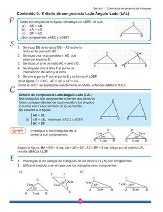 111
Investigue si los triángulos de la
derecha son congruentes.
Contenido 6: Criterio de congruencia Lado-Ángulo-Lado (LAL)
1. Investigue si las parejas de triángulos de los incisos a) y b) son congruentes.
2. Utilice el símbolo ≅ en el caso que los triángulos sean congruentes.
Dado el triángulo de la figura, construya un ∆DEF, tal que:
¿Son congruentes ∆ABC y ∆DEF?
DE=AB
DF=AC
∡A=∡D
a)
b)
c)
Según la figura, BA=ED=4 cm, ∡A=∡D=25°, AC=DF=3 cm, luego por el criterio LAL
resulta ∆BAC≅∆EDF.
Ejemplo
Como el ∆DEF se superpone exactamente al ∆ABC, entonces ∆ABC ≅ ∆DEF.
De la figura, EF=BC, ∡E=∡B y ∡F=∡C.
1. Se traza DE de longitud DE=AB sobre la 	 	
recta en la que está AB .
2. Se traza una recta paralela a AC que 	 	
pase por el punto D.
3. Se traza un arco de radio AC y centro D.
4. Se etiqueta con la letra F el punto de
intersección del arco y la recta.
5. Se une el punto F con el punto E y se forma el ∆DEF.
A B
C
D E
F
Criterio de congruencia Lado-Ángulo-Lado (LAL)
Dos triángulos son congruentes si tienen dos pares de
lados correspondientes de igual medida y los ángulos
incluidos entre ellos también de igual medida.
De acuerdo a la figura:
entonces ∆ABC ≅ ∆DEF.
BC=EF
AB=DE
∡B =∡E, A B
C
D E
F
E D
F
A B
C
4 cm 4 cm
3cm 3cm
25º
25º
A
E
B
F
C
D
3cm
2cm
2cm
3cm
35º
35º A E
B
F
C
D
3cm
1cm 1cm
3cm
90º
65º
a) b)
Si
Sección 1: Criterios de congruencia de triángulos
A B
C
 