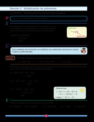 7
Sección 2: Multiplicación de polinomios
Contenido 1: Multiplicación de monomio por monomio
Para encontrar el producto de los monomios 3x y 2y
se multiplican los coeficientes y las partes literales,
haciendo uso de la conmutatividad y la asociatividad.
Efectúe las siguientes multiplicaciones de monomios:
Para efectuar las siguientes multiplicaciones se hace uso de la asociatividad, conmutatividad
y por último se efectúan las operaciones indicadas.
a) (3x)(-4y) b) (-6x)(-9x)		 c) (-3x)2
a) (7x)(6x) b) (-8x)(9x) c) (-3a)(-2b) d) (-6x)2
e) (2x)(3x2
)
a) (3x)(-4y)=(3)(-4)xy
=-12xy
b) (-6x)(-9x)=(-6)(-9)x.x
= 54x2
c) (-3x)2
=(-3x)(-3x)
=(-3)(-3)x.x
=9x2
Efectúe las siguientes multiplicaciones de monomios:
Para multiplicar dos monomios, se multiplican sus coeficientes (tomando en cuenta
el signo) y partes literales.
-32
=-(3)(3)=-9
(-3)2
=(-3)(-3)=9
Observe que:
Luego, (-3)2
≠ -32
.
Ejemplo
Efectúe la multiplicación indicada (3x)(2y).
(3x)(2y)=(3)(x)(2)(y)
	 =(3)(2)xy
	 =6xy
parte literal
coeficiente
5 x2
y
 