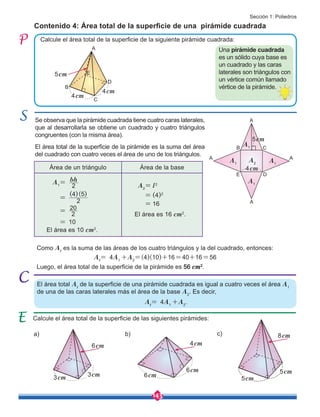 143
Área de un triángulo Área de la base
A1
=
=
=
= 10
El área es 10 cm2
.
A2
= l2
= (4)2
= 16
El área es 16 cm2
.
bh
2
4 (
( ) )
2
5
20
2
Calcule el área total de la superficie de la siguiente pirámide cuadrada:
Contenido 4: Área total de la superficie de una pirámide cuadrada
El área total At
de la superficie de una pirámide cuadrada es igual a cuatro veces el área A1
de una de las caras laterales más el área de la base A2
. Es decir,
At
= 4A1
+A2
.
Se observa que la pirámide cuadrada tiene cuatro caras laterales,
que al desarrollarla se obtiene un cuadrado y cuatro triángulos
congruentes (con la misma área).
El área total de la superficie de la pirámide es la suma del área
del cuadrado con cuatro veces el área de uno de los triángulos.
Como At
es la suma de las áreas de los cuatro triángulos y la del cuadrado, entonces:
Luego, el área total de la superficie de la pirámide es 56 cm2
.
At
= 4A1
+A2
=(4)(10)+16=40+16=56
Una pirámide cuadrada
es un sólido cuya base es
un cuadrado y las caras
laterales son triángulos con
un vértice común llamado
vértice de la pirámide.
Calcule el área total de la superficie de las siguientes pirámides:
4cm
4cm
5cm
3cm 3cm
6cm
6cm
5cm
6cm 5cm
4cm
8cm
a) b) c)
A1
A2
A
C
B
E
D
A A
A
A
C
B
E D
A1
A1
A1
4cm
5cm
Sección 1: Poliedros
 