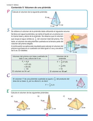 144
Unidad 8: Sólidos
Volumen del prisma con base cuadrada de
lado 3 cm y altura de 6 cm
Volumen de la
pirámide
V1
=Ab
h
=(32
) (6)
=(9) (6)
= 54
El volumen es 54 cm3
.
3
1
(3 )(6)
3
1
(54)
18
V 2
=
=
=
El volumen es 18 cm3
.
Contenido 5: Volumen de una pirámide
El volumen V de una pirámide cuadrada es igual a 3
1
del producto del
área de su base Ab
por su altura h, es decir
Se obtiene el volumen de la pirámide dada utilizando el siguiente recurso:
Calcule el volumen de las siguientes pirámides:
3 cm
3 cm
6 cm
4cm
4cm
3cm
6cm
6cm
4cm
2cm 2 cm
9cm
a) b) c)
V A h
3
1
b
=
Calcule el volumen de la siguiente pirámide:
Se llena con agua la pirámide y se vierte el líquido en un prisma con
la misma base y altura de la pirámide. Se observa que el volumen
que ocupa el agua vertida es 3
1
del volumen total del prisma. Por
tanto, el volumen de esta pirámide cuadrada es la tercera parte del
volumen del prisma elegido.
A continuación se aplica este resultado para calcular el volumen del
prisma cuya base es un cuadrado con lado igual a 3 cm y una altura
de 6 cm. En detalles:
l
l
h
6 cm
3 cm
 
