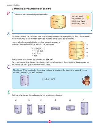 148
Unidad 8: Sólidos
Calcule el volumen del siguiente cilindro:
Por lo tanto, el volumen del cilindro es 36r cm3
.
El cilindro tiene 4 cm de altura y se puede imaginar como la superposición de 4 cilindros con
1 cm de altura y 3 cm de radio como se muestra en la figura de la derecha.
Luego, el volumen del cilindro original es cuatro veces el
volumen de los cilindros de altura 1 cm, entonces
V=(4)(r)(32
) (1)
=(4) (r) (9)
=(4) (9r)
=36r
Contenido 2: Volumen de un cilindro
El volumen V de un cilindro de radio r es igual al producto del área de la base Ab
por su
altura h. Siendo Ab
= rr2
, se tiene
Calcule el volumen de cada uno de los siguientes cilindros:
Se observa que el volumen del cilindro dado es el resultado de multiplicar 4 cm que es su
altura con 9r cm2
que es el área de su base.
4 cm
3 cm
V=Ab
h=rr2
h
7cm
2cm
4cm
2cm
3cm
4cm
8cm
3cm
2cm 5cm
a) d)
b) e) f)
c)
6cm
3cm
rr2
cm3
es el
volumen de un
cilindro de 1 cm
de altura y radio r.
4 cm
3 cm
1 cm
1 cm
1 cm
1 cm
h
r
 