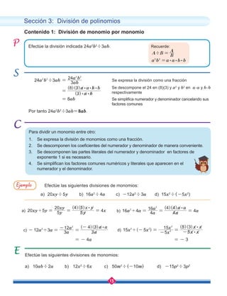 13
d) 15 5
5
15
5
5 3
( )
( )( )
x x
x
x
x x
x x
2 2
2
2
:
:
' - =
-
= -
b) 16 4 4
16
4
4 4
4
( )( )
a a a
a
a
a a
a
2
2
:
' = = =
c) 12 3 3
12
3
4 3
( )( )
a a a
a
a
a a
2
2
:
'
- =
-
=
-
a) 20 5 5
20
5
4 5
4
( )( )
xy y y
xy
y
x y
x
:
' = = =
Sección 3: División de polinomios
Contenido 1: División de monomio por monomio
Efectúe la división indicada 24a2
b2
÷3ab.
Efectúe las siguientes divisiones de monomios:
Se expresa la división como una fracción
Se simplifica numerador y denominador cancelando sus
factores comunes
Se descompone el 24 en (8)(3) y a2
y b2
en a.a y b.b
respectivamente
Por tanto 24a2
b2
÷3ab=8ab.
a) 20xy÷5y b) 16a2
÷4a c) -12a2
÷3a	
d) 15x2
÷(-5x2
)
= - 4a = - 3
a) 10ab÷2a b) 12x2
÷6x c) 50m2
÷(-10m) d) -15p2
÷3p2
Efectúe las siguientes divisiones de monomios:
Para dividir un monomio entre otro:
1. Se expresa la división de monomios como una fracción.
2. Se descomponen los coeficientes del numerador y denominador de manera conveniente.
3. Se descomponen las partes literales del numerador y denominador en factores de
exponente 1 si es necesario.
4. Se simplifican los factores comunes numéricos y literales que aparecen en el
numerador y el denominador.
24 3
3
24
3
8 3
8
( )
( )( )
a b ab
ab
a b
a b
a a b b
ab
÷
2 2
2 2
: :
: : :
=
=
=
Recuerde:
A B
B
A
÷ =
a b a a b b
2 2
: : :
=
Ejemplo
 