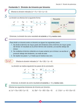 15
Recuerde
Divisor
Cociente
Residuo
Dividendo
Contenido 3: División de trinomio por binomio
Efectúe la división indicada (x2
+7x+12)÷(x+3).
Efectúe la división indicada (x2
-9x+20)÷(x-4).
La división se realiza siguiendo los pasos de la conclusión.
Entonces, la división da como resultado el cociente x+4 y residuo cero.
La división se efectúa de la siguiente forma:
a) (x2
+13x+30)÷(x+3) b) (6x2
-7x-20)÷(2x-5) c) (12x2
-x-6)÷(3x+2)
Efectúe las siguientes divisiones de trinomio por binomio:
Para dividir un trinomio entre un binomio se siguen los siguientes pasos:
1. Se divide el término de mayor grado del dividendo entre el término de mayor grado 	
del divisor. El resultado es el primer término del cociente y se escribe debajo del
divisor.
2. Se multiplica el término obtenido en el paso anterior por el divisor, se escribe el
producto debajo del dividendo y se resta de este.
3. Se repiten los pasos 1 y 2 hasta que el residuo sea cero.
x2
+ 7x + 12 x + 3
-x2
-3x x + 4
4x + 12
-4x - 12
0
a b
c
r
x2
- 9x + 20 x - 4
-x2
+ 4x x - 5
-5x + 20
5x - 20
0
Entonces, la división da como resultado el cociente x-5 y residuo cero.
Ejemplo
Sección 3: División de polinomios
 