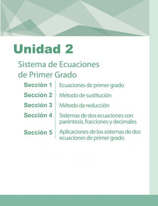 Ecuacionesdeprimergrado
Métododesustitución
Métododereducción
Sistemasdedosecuacionescon
paréntesis,fraccionesydecimales
Aplicacionesdelossistemasdedos
ecuacionesdeprimergrado
Sistema de Ecuaciones
de Primer Grado
Sección 1
Sección 2
Sección 3
Sección 4
Sección 5
Unidad 2
 