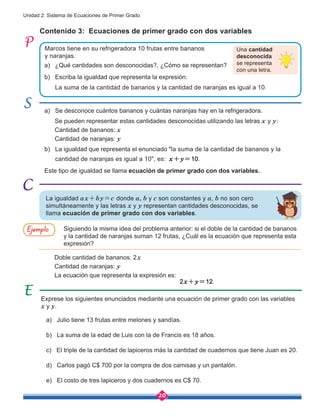 20
Unidad 2: Sistema de Ecuaciones de Primer Grado
Contenido 3: Ecuaciones de primer grado con dos variables
Marcos tiene en su refrigeradora 10 frutas entre bananos
y naranjas.
a) ¿Qué cantidades son desconocidas?, ¿Cómo se representan?
b) Escriba la igualdad que representa la expresión:
La suma de la cantidad de bananos y la cantidad de naranjas es igual a 10.
La igualdad ax+by=c donde a, b y c son constantes y a, b no son cero
simultáneamente y las letras x y y representan cantidades desconocidas, se
llama ecuación de primer grado con dos variables.
a) Se desconoce cuántos bananos y cuántas naranjas hay en la refrigeradora.
Se pueden representar estas cantidades desconocidas utilizando las letras x y y:
Cantidad de bananos: x
Cantidad de naranjas: y
b) La igualdad que representa el enunciado "la suma de la cantidad de bananos y la
cantidad de naranjas es igual a 10", es: x+y=10. 	
Este tipo de igualdad se llama ecuación de primer grado con dos variables.
Una cantidad
desconocida
se representa
con una letra.
Siguiendo la misma idea del problema anterior: si el doble de la cantidad de bananos
y la cantidad de naranjas suman 12 frutas, ¿Cuál es la ecuación que representa esta
expresión?
Exprese los siguientes enunciados mediante una ecuación de primer grado con las variables
x y y.
a) Julio tiene 13 frutas entre melones y sandías.
b) La suma de la edad de Luis con la de Francis es 18 años.
c) El triple de la cantidad de lapiceros más la cantidad de cuadernos que tiene Juan es 20.
d) Carlos pagó C$ 700 por la compra de dos camisas y un pantalón.
e) El costo de tres lapiceros y dos cuadernos es C$ 70.
Doble cantidad de bananos: 2x
Cantidad de naranjas: y
La ecuación que representa la expresión es:
2x+y=12.
Ejemplo
 