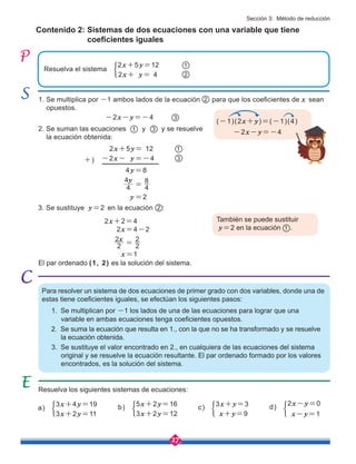 27
2x+2=4
2x=4-2
x=1
Contenido 2: Sistemas de dos ecuaciones con una variable que tiene
coeficientes iguales
Para resolver un sistema de dos ecuaciones de primer grado con dos variables, donde una de
estas tiene coeficientes iguales, se efectúan los siguientes pasos:
1. Se multiplican por -1 los lados de una de las ecuaciones para lograr que una
variable en ambas ecuaciones tenga coeficientes opuestos.
2. Se suma la ecuación que resulta en 1., con la que no se ha transformado y se resuelve 	
la ecuación obtenida.
3. Se sustituye el valor encontrado en 2., en cualquiera de las ecuaciones del sistema 	
original y se resuelve la ecuación resultante. El par ordenado formado por los valores 	
encontrados, es la solución del sistema.
3. Se sustituye y=2 en la ecuación :
1. Se multiplica por -1 ambos lados de la ecuación para que los coeficientes de x sean 	
opuestos.
2
2
4
4
4
8
y
=
2
2
2
2
x
=
Resuelva los siguientes sistemas de ecuaciones:
b) 5x+2y=16
3x+2y=12
c) 3x+y=3
x+y=9
d)
2x-y=0
x-y=1
a)
3x+4y=19
3x+2y=11
2x+5y= 12
(-1)(2x+y)=(-1)(4)
También se puede sustituir
y=2 en la ecuación .
-2x-y=-4
3
-2x-y=-4
4y =8
-2x- y =-4 3
1
1
2. Se suman las ecuaciones y y se resuelve 	
la ecuación obtenida:
3
1
y =2
+)
El par ordenado (1, 2) es la solución del sistema.
Resuelva el sistema
2x+5y=12
2x+ y= 4 2
1
Sección 3: Método de reducción
 