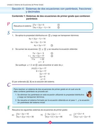 32
Unidad 2: Sistema de Ecuaciones de Primer Grado
Contenido 1: Sistemas de dos ecuaciones de primer grado que contienen
paréntesis
Sección 4: Sistemas de dos ecuaciones con paréntesis, fracciones
y decimales
Para resolver un sistema de dos ecuaciones de primer grado en el cual una de
ellas contiene paréntesis se procede así:
1. Se eliminan los paréntesis en esta ecuación utilizando la propiedad distributiva	
y luego se transponen términos.
2. Se resuelve el sistema formado por la ecuación obtenida en el paso 1., y la ecuación
sin paréntesis del sistema inicial.
1. Se aplica la propiedad distributiva en y luego se transponen términos:
2. Se suman las ecuaciones 1 y 3 y se resuelve la ecuación obtenida:
Se sustituye x=2 en 3 para encontrar el valor de y:
2
Resuelva los siguientes sistemas de ecuaciones de primer grado:
b) c)
a)
Resuelva el sistema
7x-3y=5
4x+3(y-1)=14 2
1
4x+3y-3=14
4x+3(y-1)=14
(4)(2)+3y=17
8+3y=17
3y=17-8
3y=9
4x+3y=17 3
y=3
El par ordenado (2, 3) es la solución del sistema.
7x-3y= 5
11x =22
4x+3y=17 3
1
x= 2
+)
y=2x+4
3(x+y)-2y=9
-5x+2y=-1
5(x+2)+3y=46
3x-2y=10
5x+2(y+4)=30
 