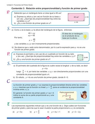 44
Unidad 3: Funciones de Primer Grado
Contenido 3: Relación entre proporcionalidad y función de primer grado
Sabiendo que un rectángulo tiene un área igual a 48 cm2
:
a) Exprese su altura y (en cm) en función de su base x
(en cm). ¿Qué tipo de proporcionalidad hay entre las
variables x y y?
b) ¿Es y una función de primer grado en x?
a) Como x es la base y y la altura del rectángulo de la figura, entonces:
y las variables x y y son inversamente proporcionales.
Las expresiones siguientes indican que y es una función de x. Diga cuáles son funciones
de primer grado y para las que lo sean muestre la parte proporcional a x y la constante.
a) El perímetro del cuadrado de la figura es cuatro veces la longitud x de su lado, es decir
Por tanto,
b) Se observa que x está como denominador, por lo cual la expresión para y no es una
función de primer grado.
a) Exprese el perímetro y (en cm) de un cuadrado en función de su lado 	
x (en cm). ¿Qué tipo de proporcionalidad hay entre las variables x y y?
b) ¿Es y una función de primer grado en x?
b) En efecto, y=4x es una función de primer grado, donde b=0.
luego , por tanto las variables x y y son directamente proporcionales con una
constante de proporcionalidad igual a 4.
48=xy
xy=48
y=4x
El área de un rectángulo
es el producto de su
base por la altura.
1
1
2
2
48
y x
=
4
x
y
=
y=3x y=3-2x
y=4x+1
a) b) c) d)
2
y x
=
La función de primer grado y=ax expresa la proporcionalidad directa entre las variables
x y y, mientras que la función no lineal y x
a
= pone en evidencia la proporcionalidad
inversa entre x y y.
En general, la función de primer grado y=ax+b
indica la suma de su parte proporcional ax y una
constante b.
y cm
x cm
48 cm2
xcm
Parte proporcional
Constante
y=ax+b
 