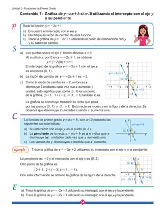 52
Unidad 3: Funciones de Primer Grado
Contenido 7: Gráfica de y=ax+b si a<0 utilizando el intercepto con el eje y
y su pendiente
La función de primer grado y=ax+b, con a<0 presenta las
siguientes características:
a) Su intercepto con el eje y es el punto (0, b).
b) La pendiente de la recta y=ax+b es a e indica que y 	
disminuye |a| unidades cada vez que x aumenta una.
c) Los valores de y disminuyen a medida que x aumenta.
Dada la función y=-2x+1,
a) Encuentre el intercepto con el eje y.
b) Identifique la razón de cambio de esta función.
c) Trace la gráfica de y=-2x+1 utilizando el punto de intersección con y
y su razón de cambio.
a) Los puntos sobre el eje y tienen abscisa x=0.
Al sustituir x por 0 en y=-2x+1, se obtiene
		 y=(-2)(0)+1=1
El intercepto de la gráfica y=-2x+1 con el eje y
es entonces (0, 1).
b) La razón de cambio de y=-2x+1 es -2.
c) Como la razón de cambio es -2, entonces y
disminuye 2 unidades cada vez que x aumenta 1
unidad, esto significa que, como (0, 1) es un punto
de la gráfica, (0+1, 1+(-2))=(1, -1) también lo es.
La gráfica se construye trazando la recta que pasa
por los puntos (0, 1) y (1, -1). Esta recta se muestra en la figura de la derecha. Se 	
observa que disminuye 2 unidades cuando x aumenta una.
La pendiente es -3 y el intercepto con el eje y es (0, 2).
Otro punto de la gráfica es
(0+1, 2+(-3))=(1, -1).
Con esta información se obtiene la gráfica de la figura de la derecha.
a) Trace la gráfica de y=-2x+3 utilizando su intercepto con el eje y y la pendiente.
b) Trace la gráfica de y=-2x-1 utilizando su intercepto con el eje y y la pendiente.
Trace la gráfica de y=-3x+2 utilizando su intercepto con el eje y y la pendiente.
Ejemplo
2
2
4
4
-2
-2
-4 x
y
y=-2x+1
(0, 1) 1
2
(1, -1)
O
x
y
y=ax+b
(0, b)
1
a
O
x
y
y=-3x+2
(0, 2)
(1, -1)
1
3
2
-2 O
 